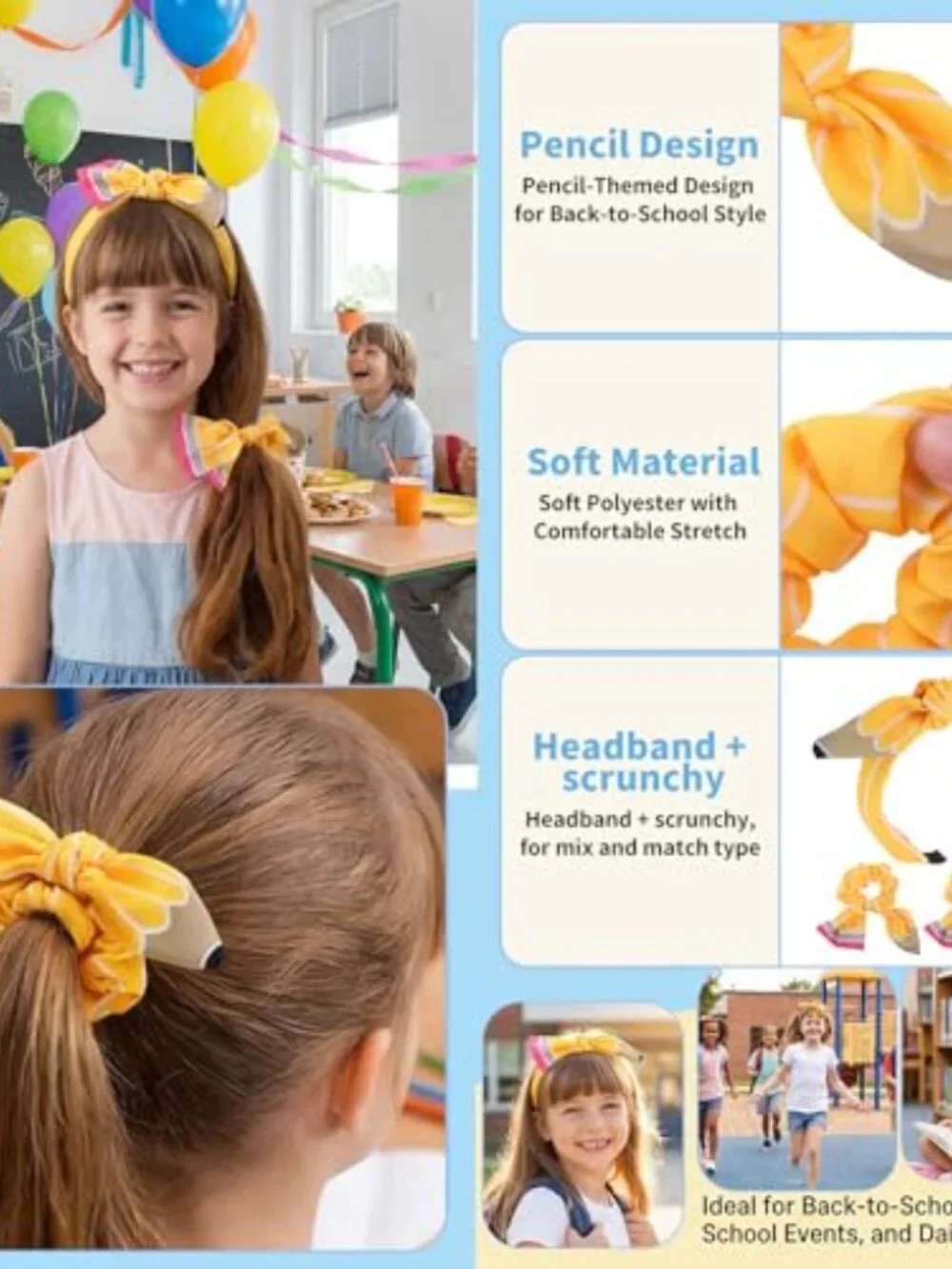 Kids Pencil Headband & Hair Ties Set - Back to School Outfit Accessories